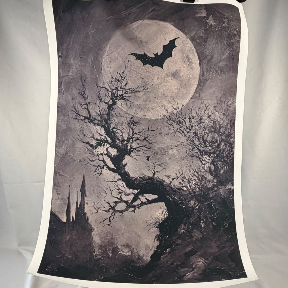 Gothic Bat Full Moon Haunted Castle Spooky Tree Dark Art Poster Print